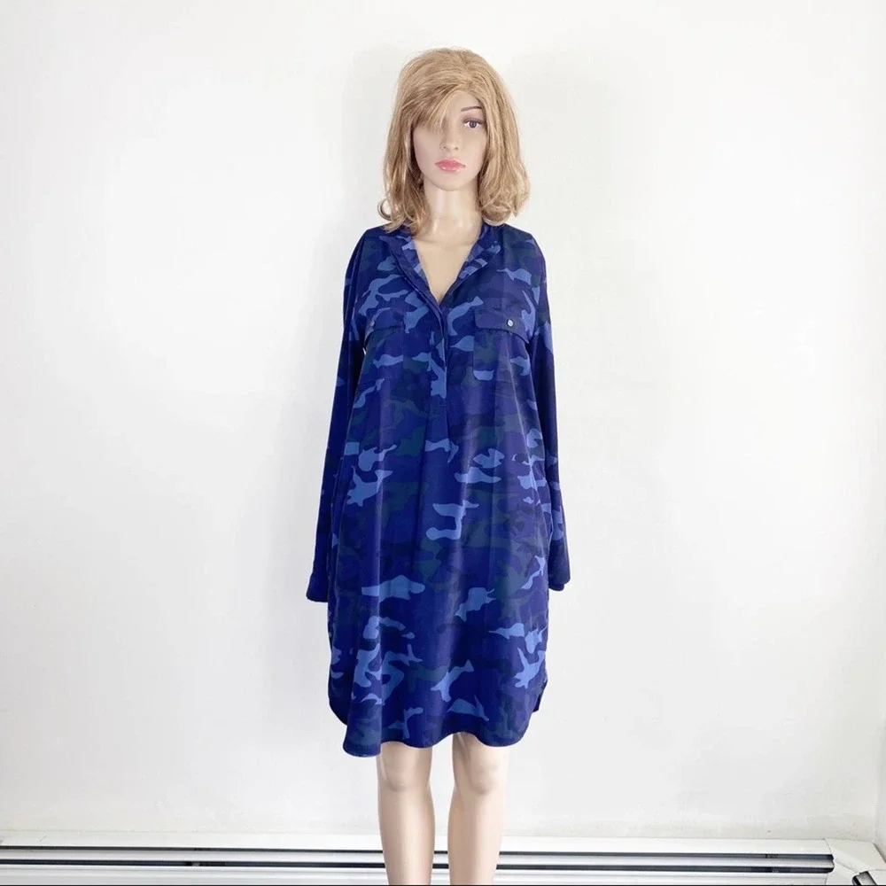 GAP Blue Camo Shirt Shift Dress pockets front S - Picture 2 of 11